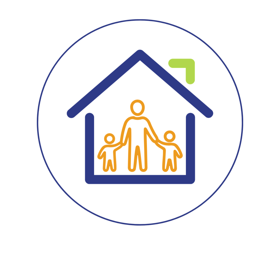 CCDACM Icône d'une maison avec une figure adulte tenant deux enfants par la main.