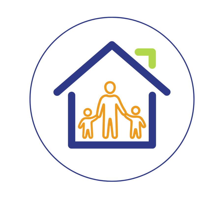 CCDACM Icône d'une maison avec une figure adulte tenant deux enfants par la main.